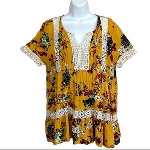 Yellow Rayon Top Floral Blouse Medium Tiered Cottagecore Boho Prairie Relaxed
